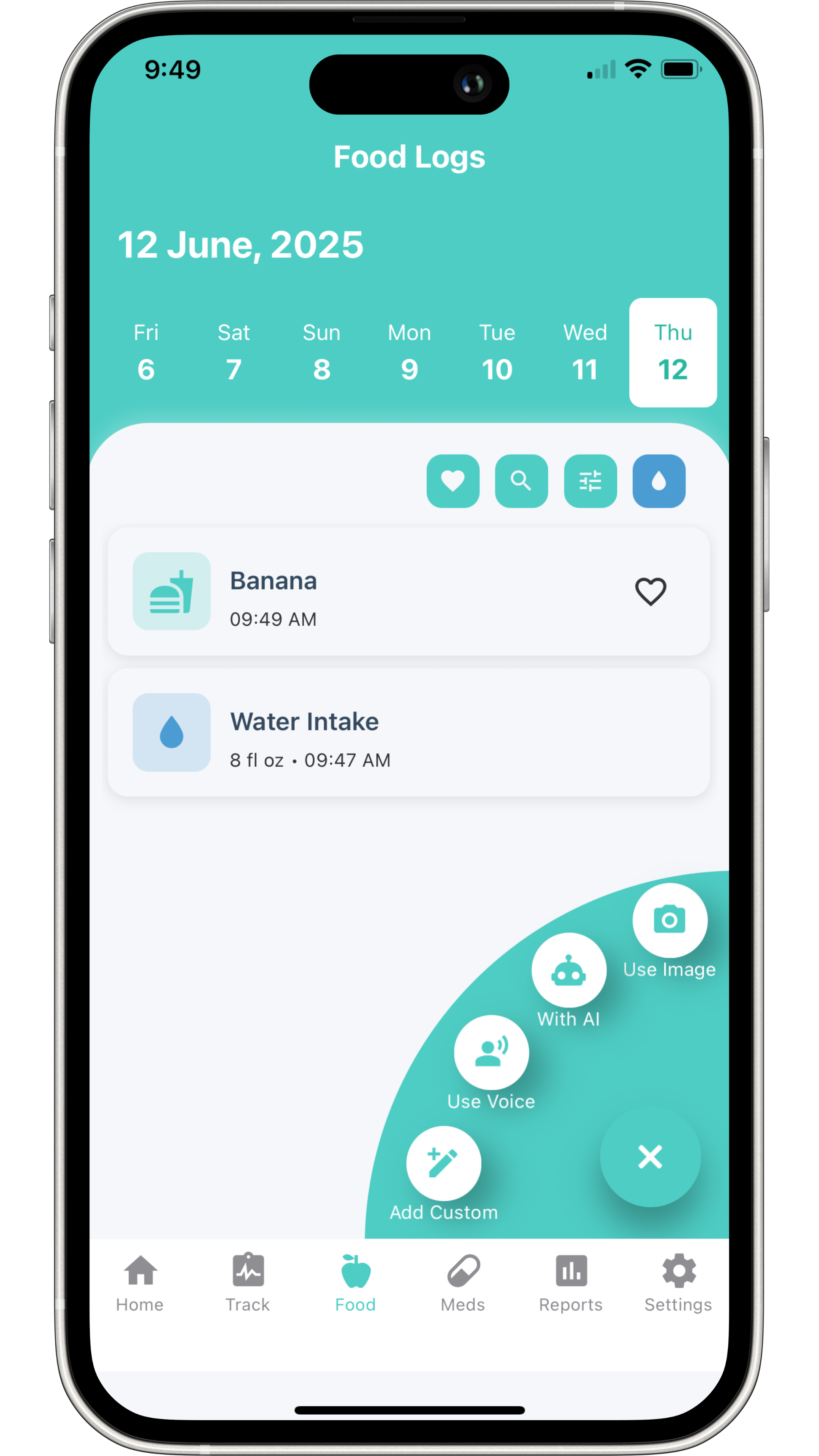 FlareCare food log screen showing a banana entry and water intake, with options to log meals using AI, voice, or image recognition