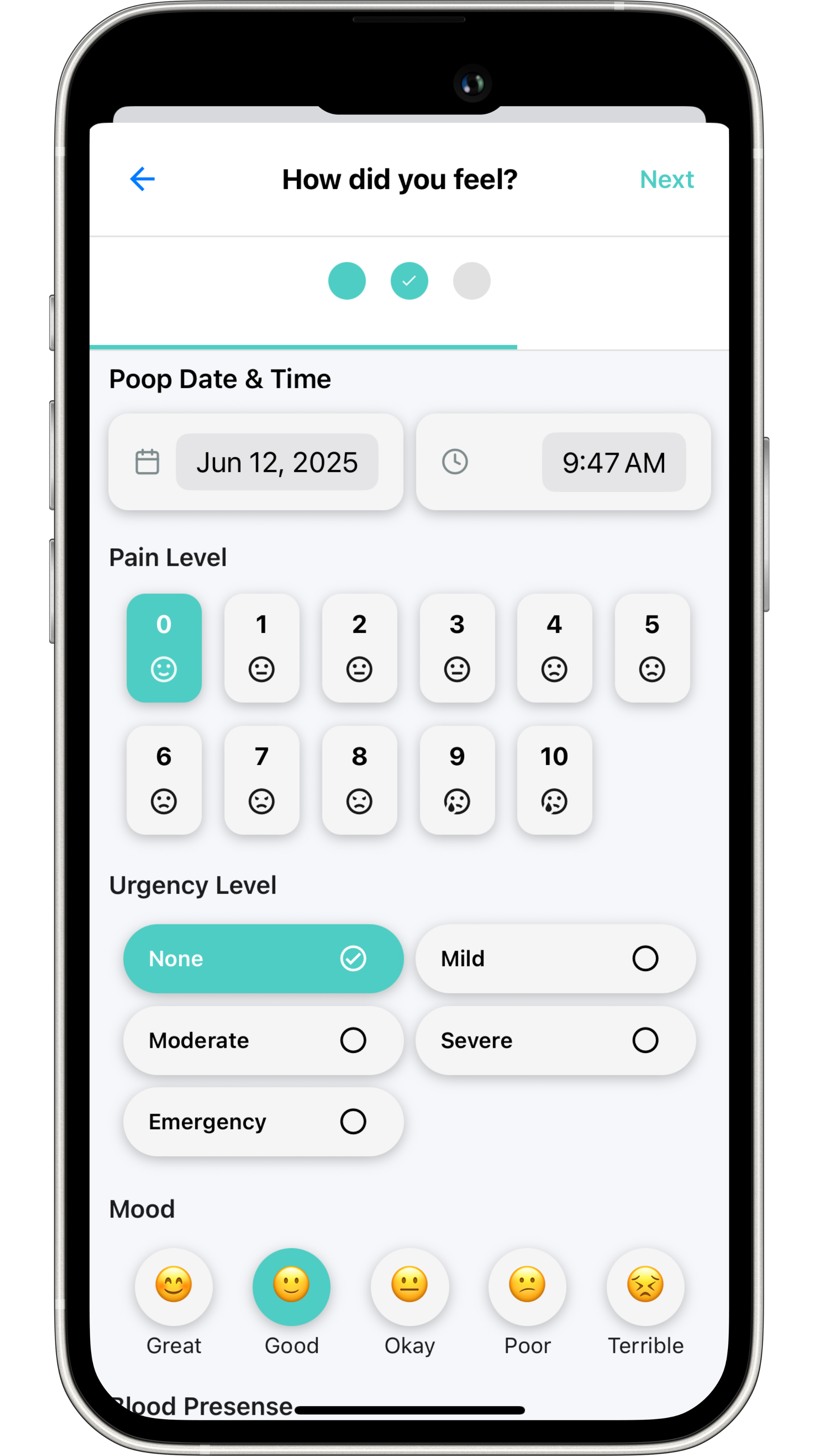 FlareCare mood and pain rating interface after bowel movement logging for comprehensive IBD symptom tracking