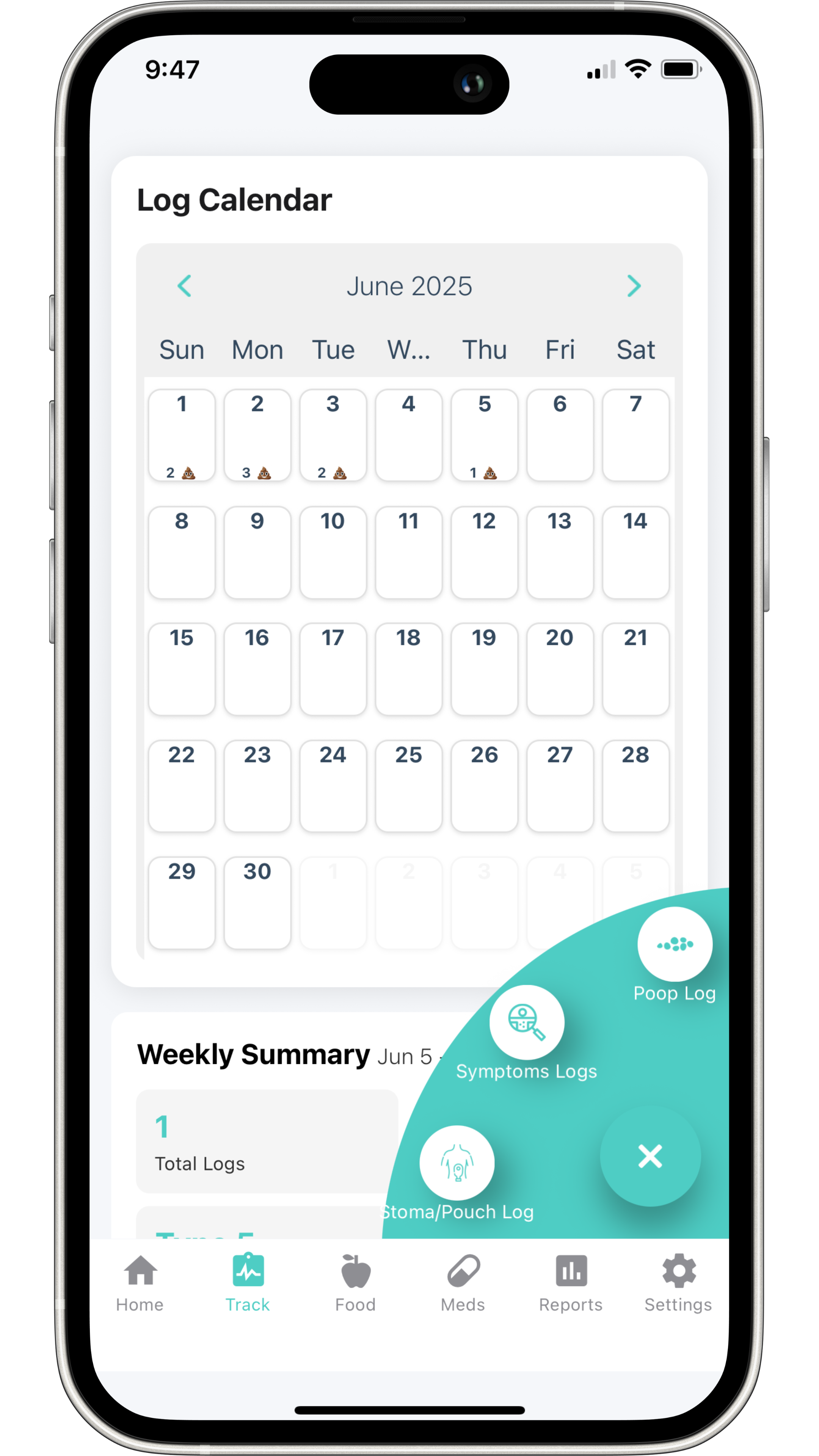 FlareCare poop tracker calendar view showing bowel movement history and frequency patterns for IBD and gut health tracking