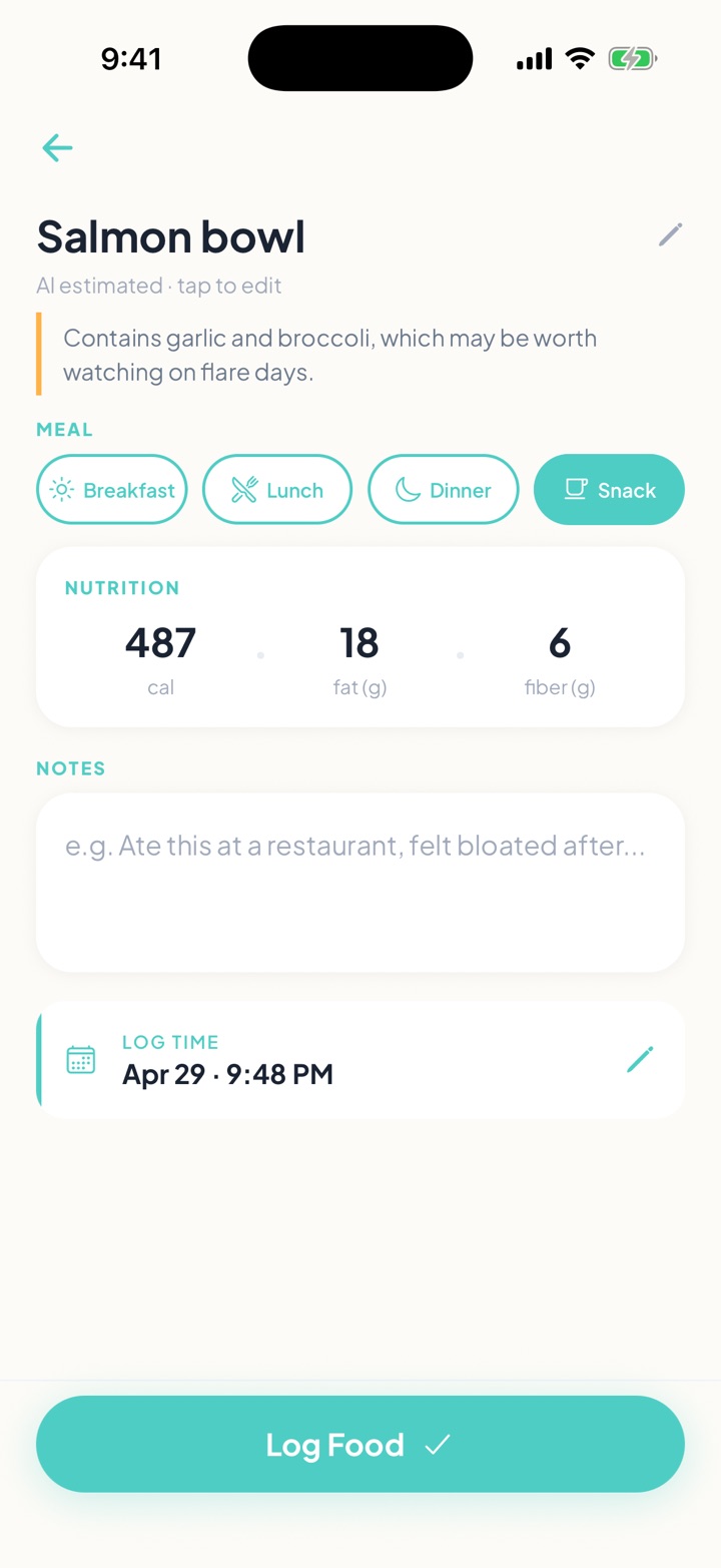 FlareCare current food logging confirmation screen showing meal, nutrition, notes, and log food action