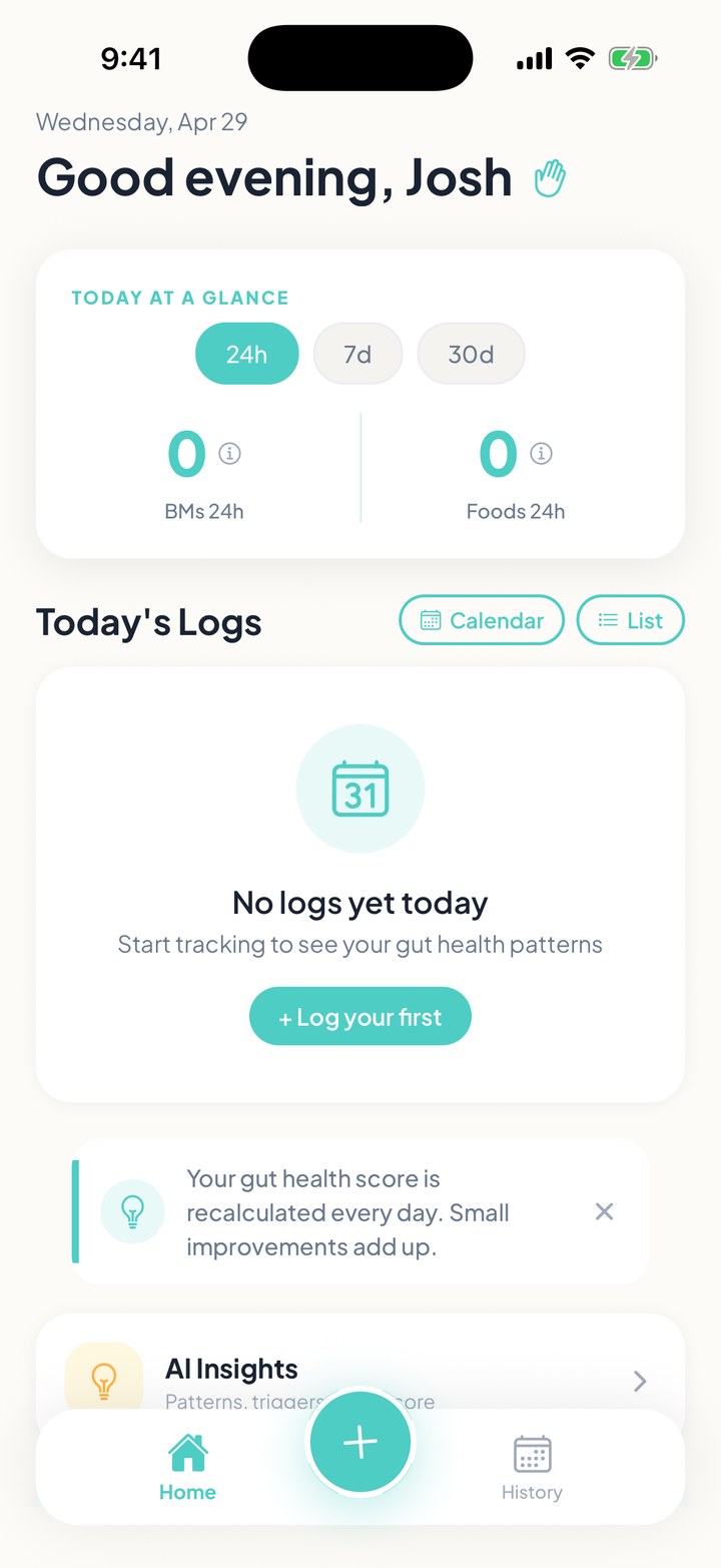FlareCare home dashboard showing recent gut health logs