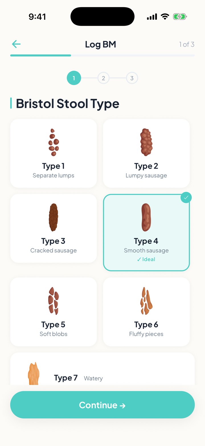 FlareCare in-app bowel movement logging screen showing Bristol stool type selection