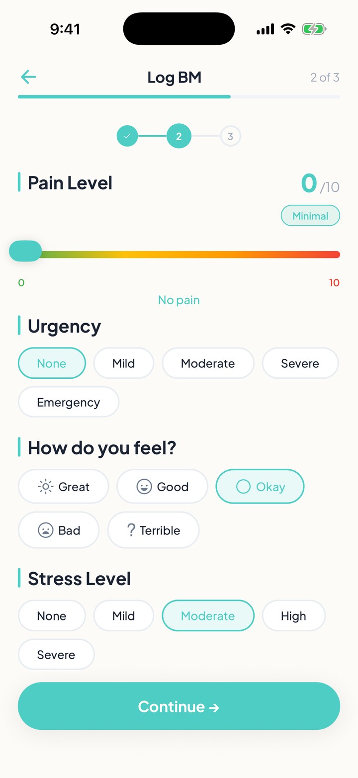 FlareCare bowel movement symptom logging step