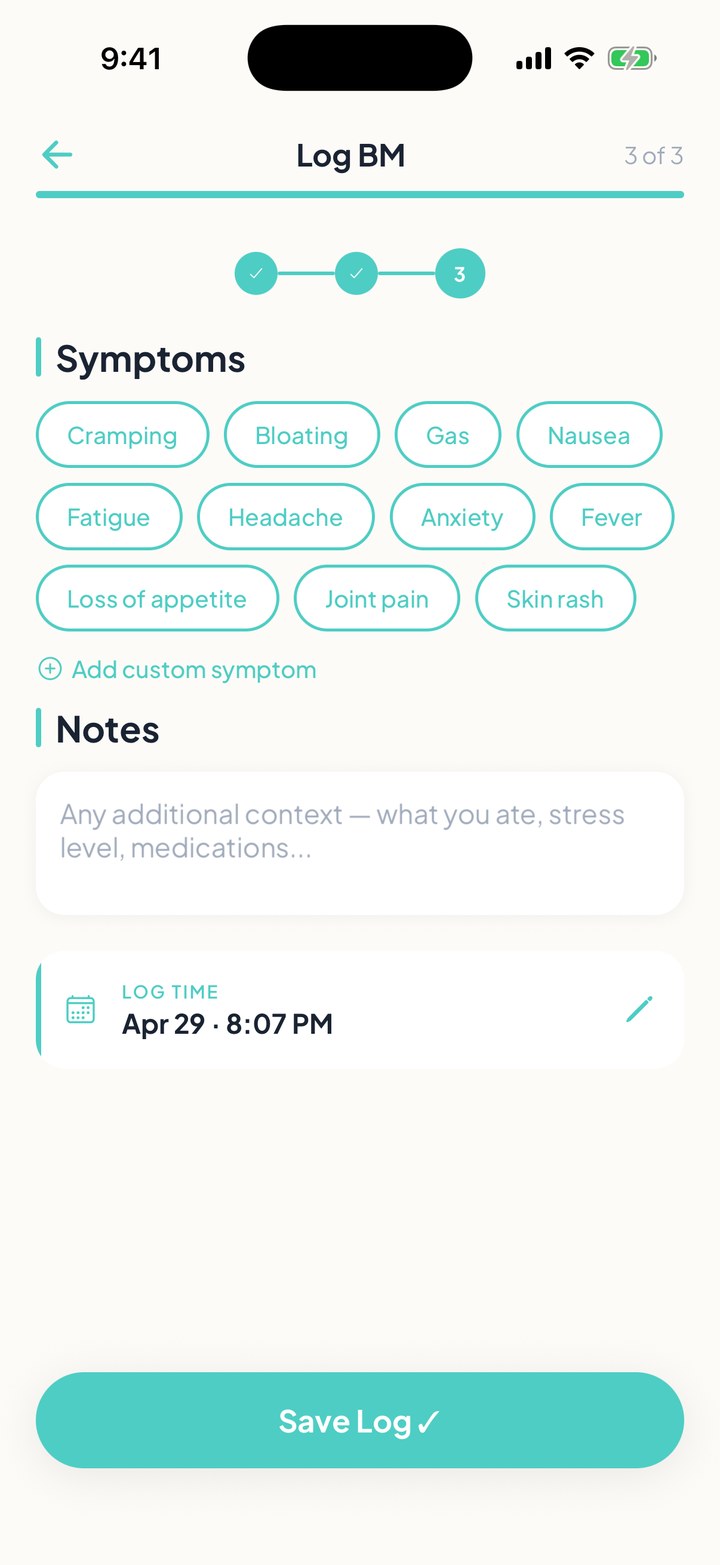 FlareCare bowel movement log review screen with symptoms and details