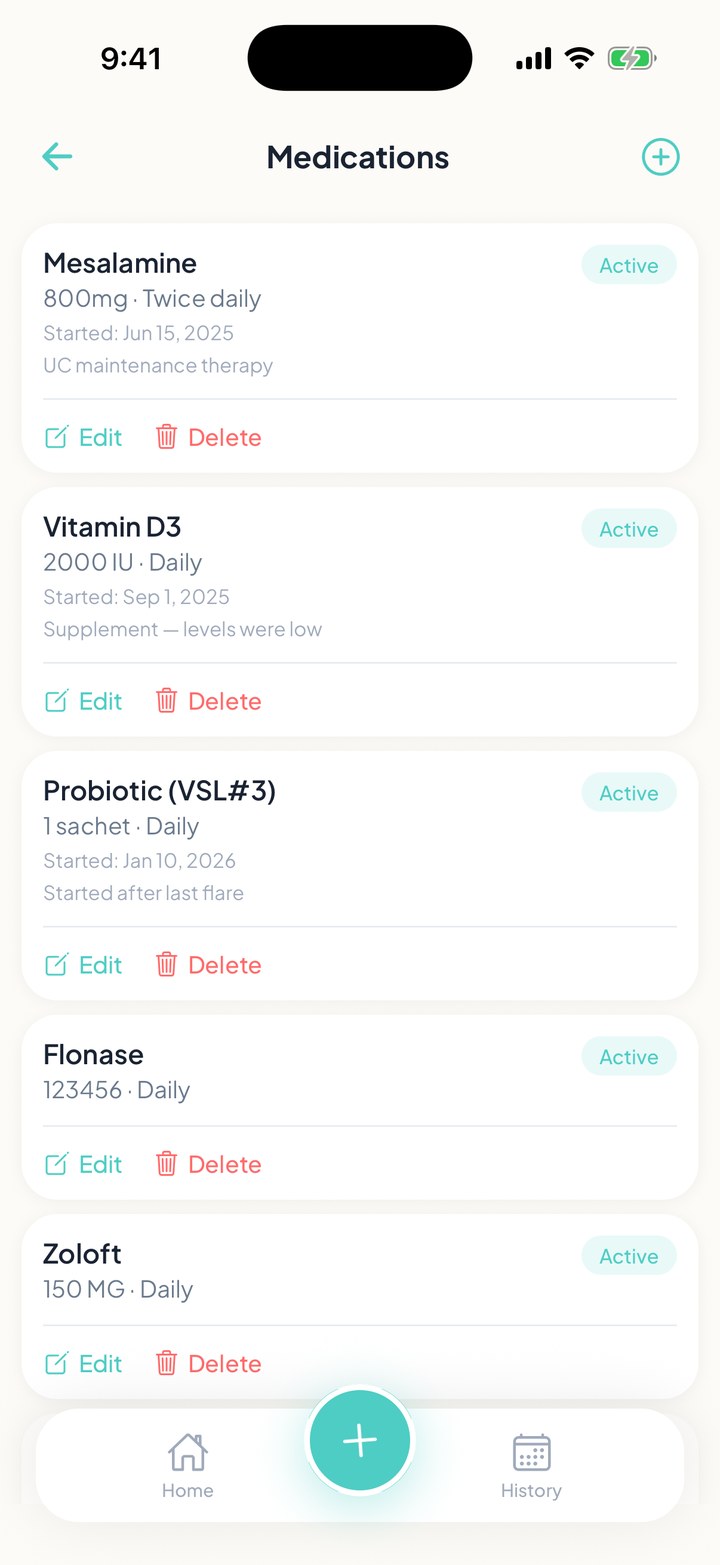 FlareCare medication tracking screen for gut health appointment context