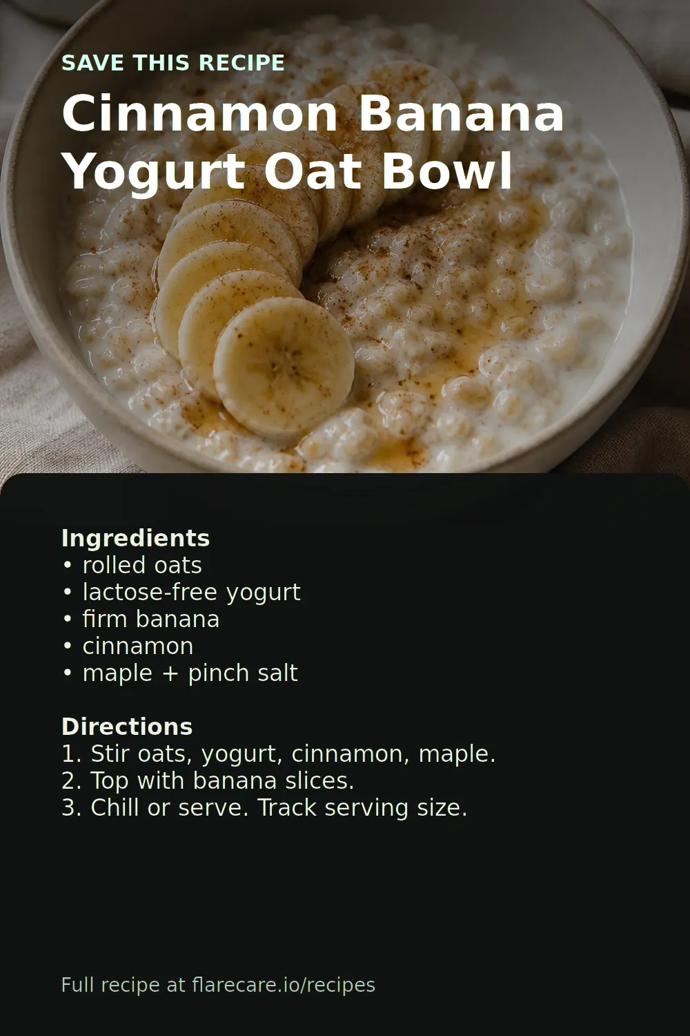 Cinnamon Banana Yogurt Oat Bowl Pinterest recipe card