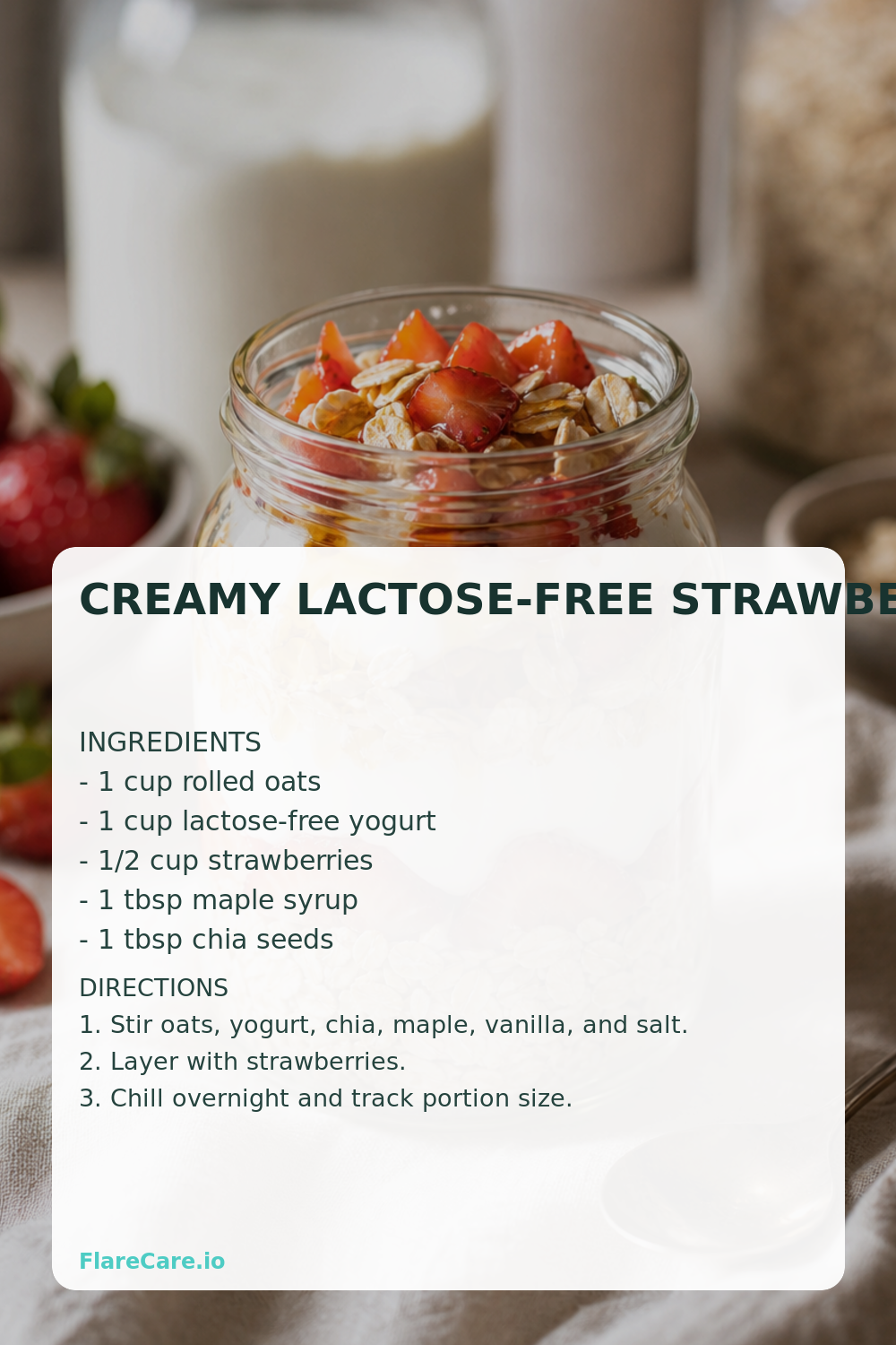 Creamy Lactose-Free Strawberry Oat Jar Pinterest recipe card