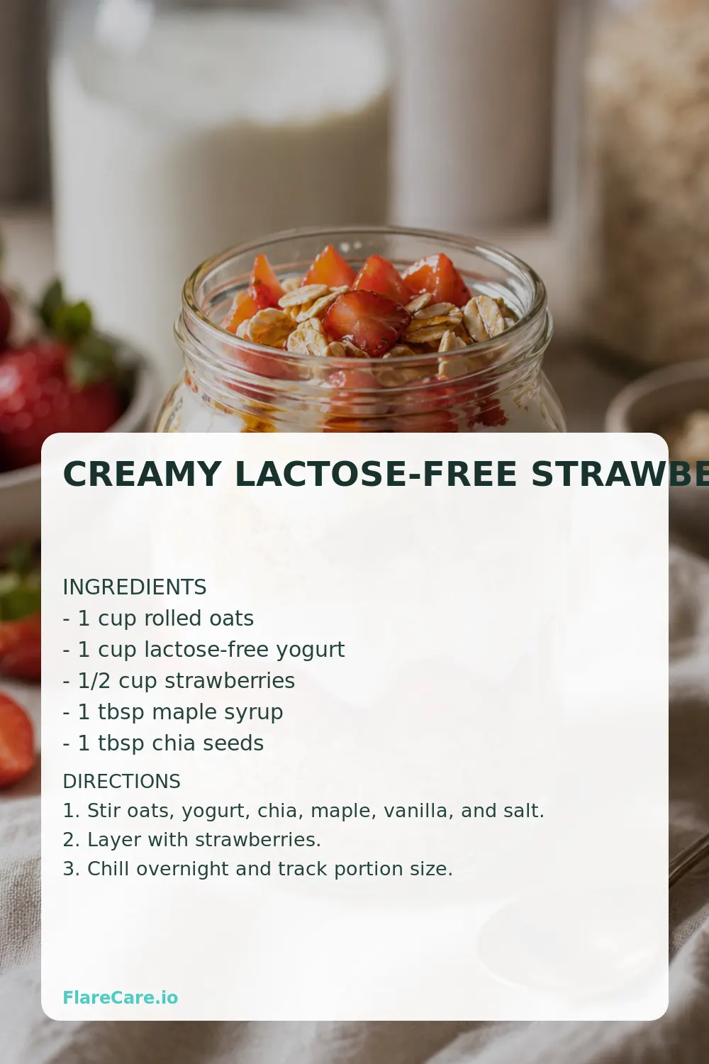 Creamy Lactose-Free Strawberry Oat Jar Pinterest recipe card