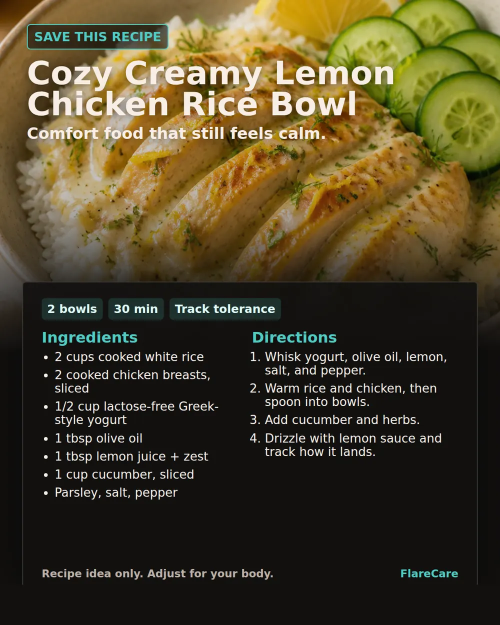 Cozy Creamy Lemon Chicken Rice Bowl Pinterest recipe card