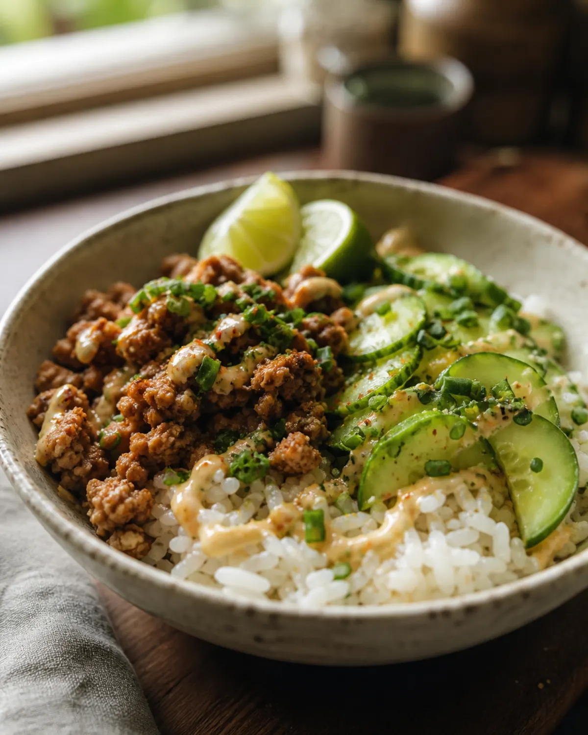Crisp Cucumber Turkey Rice Bowl