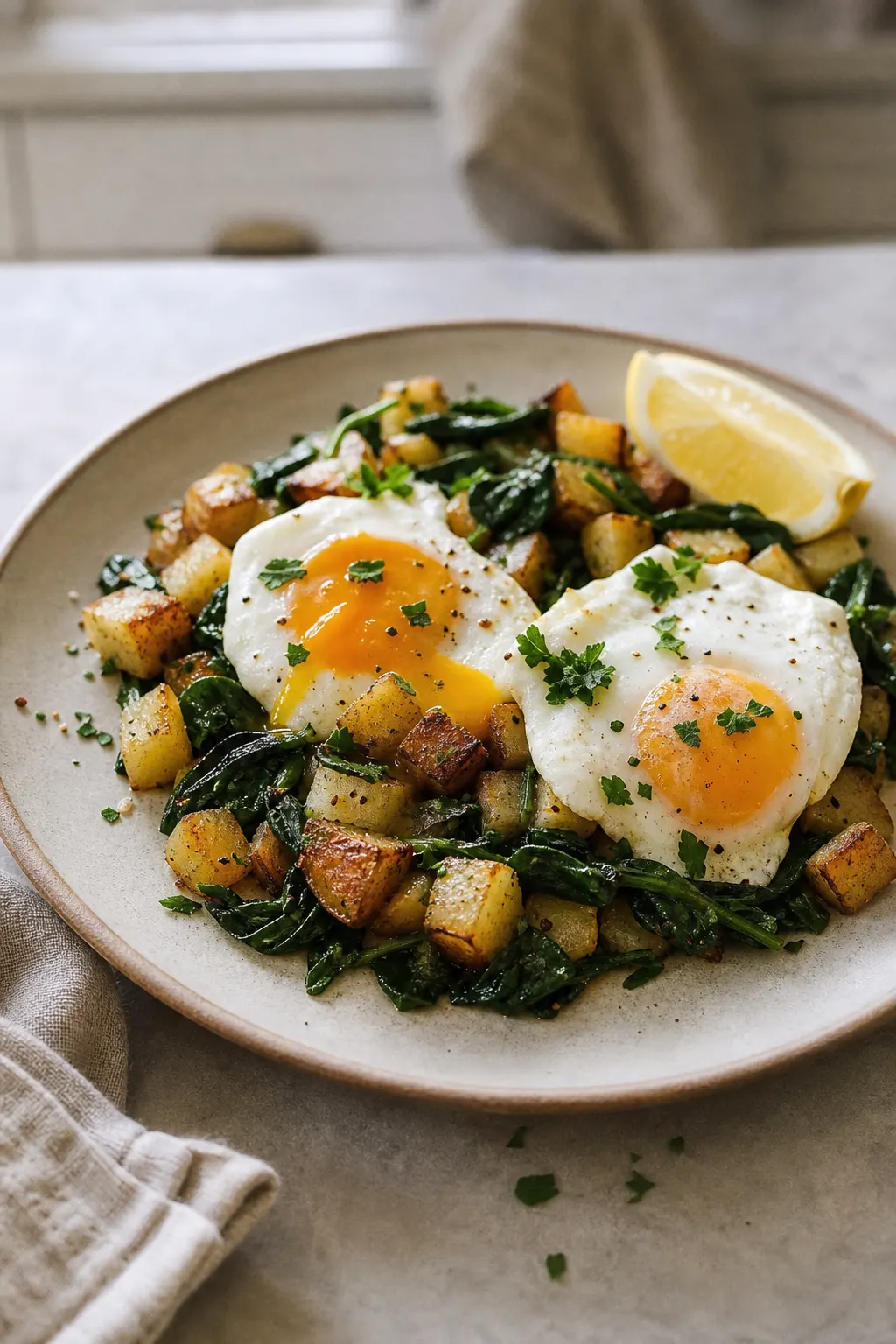 Crispy Egg Potato Spinach Plate