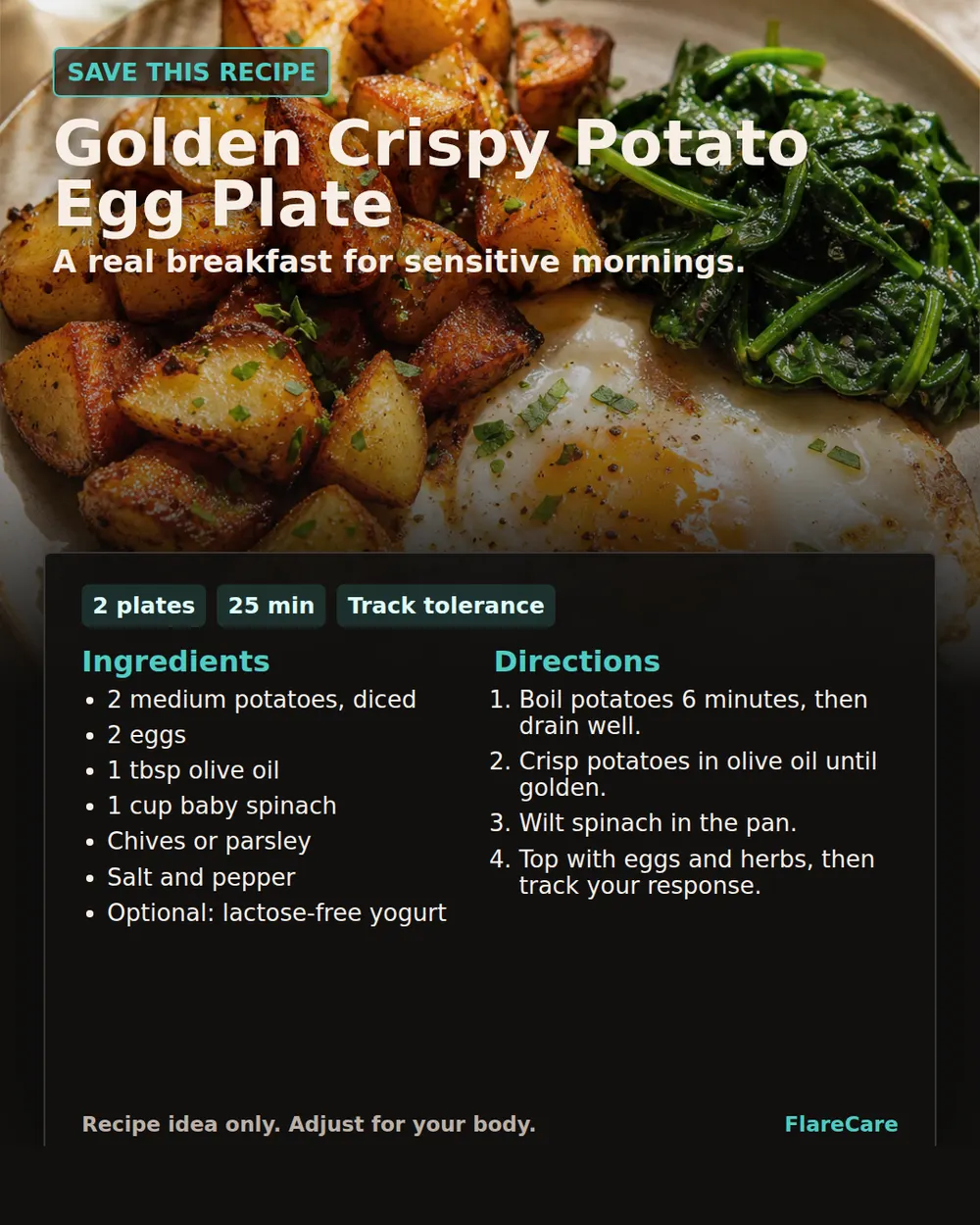 Golden Crispy Potato Egg Plate Pinterest recipe card