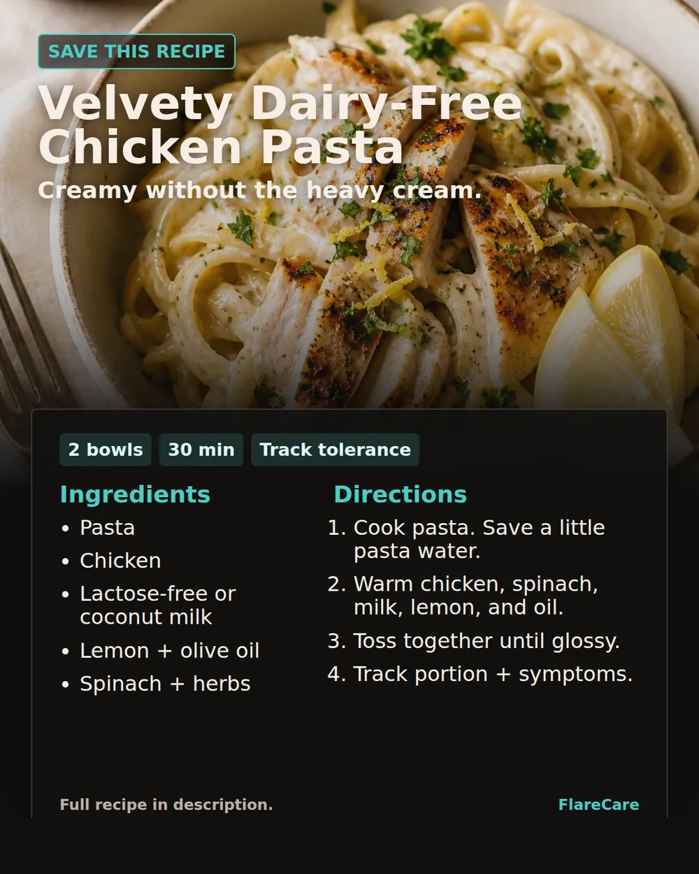 Velvety Dairy-Free Chicken Pasta Pinterest recipe card