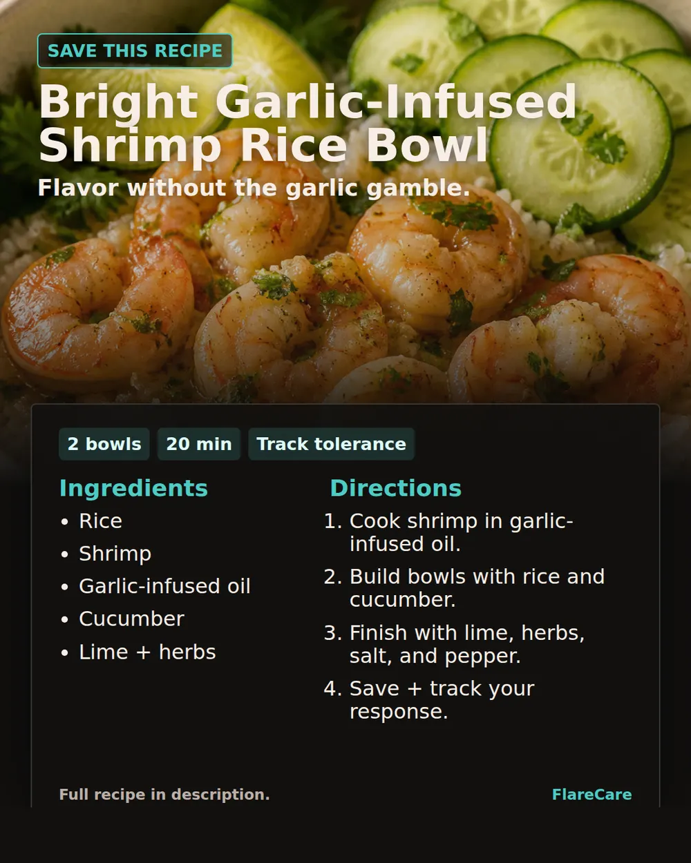 Bright Garlic-Infused Shrimp Rice Bowl Pinterest recipe card