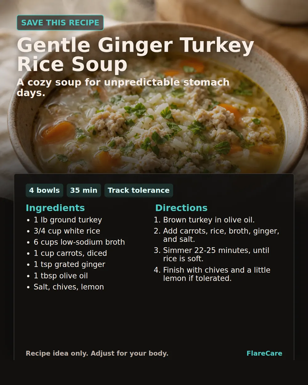 Gentle Ginger Turkey Rice Soup Pinterest recipe card