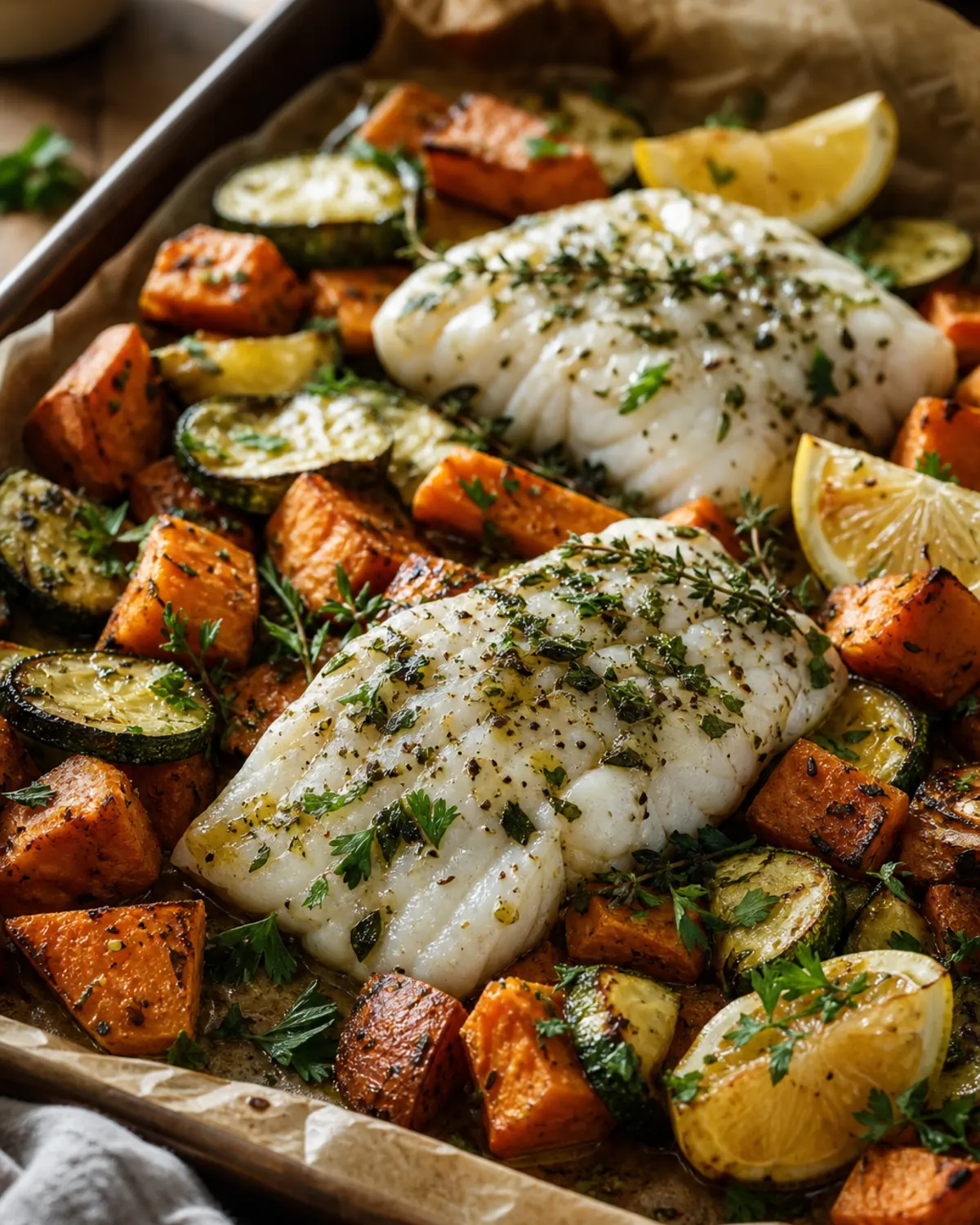 Herby Cod Sweet Potato Tray Bake