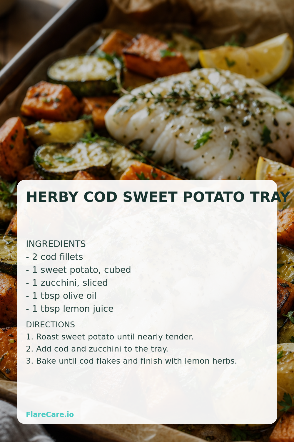Herby Cod Sweet Potato Tray Bake Pinterest recipe card