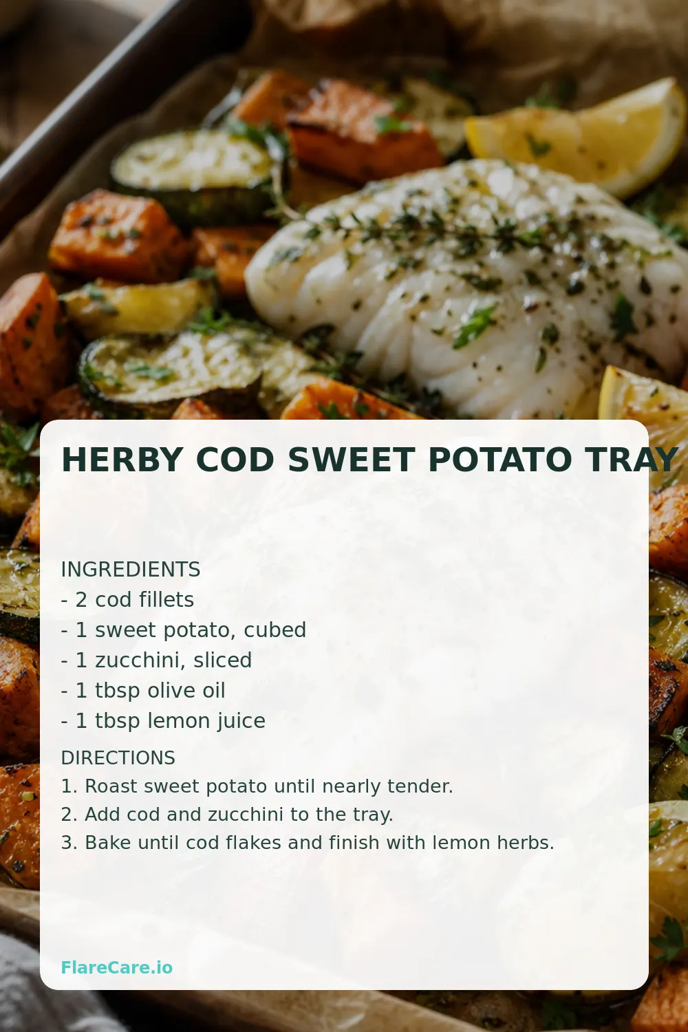 Herby Cod Sweet Potato Tray Bake Pinterest recipe card