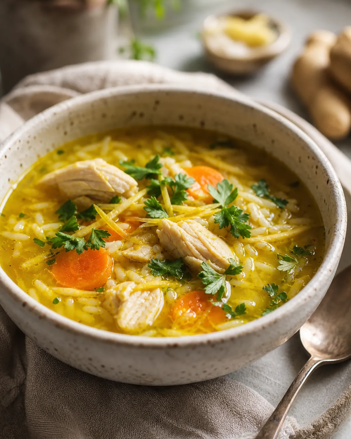 Silky Turmeric Chicken Rice Soup
