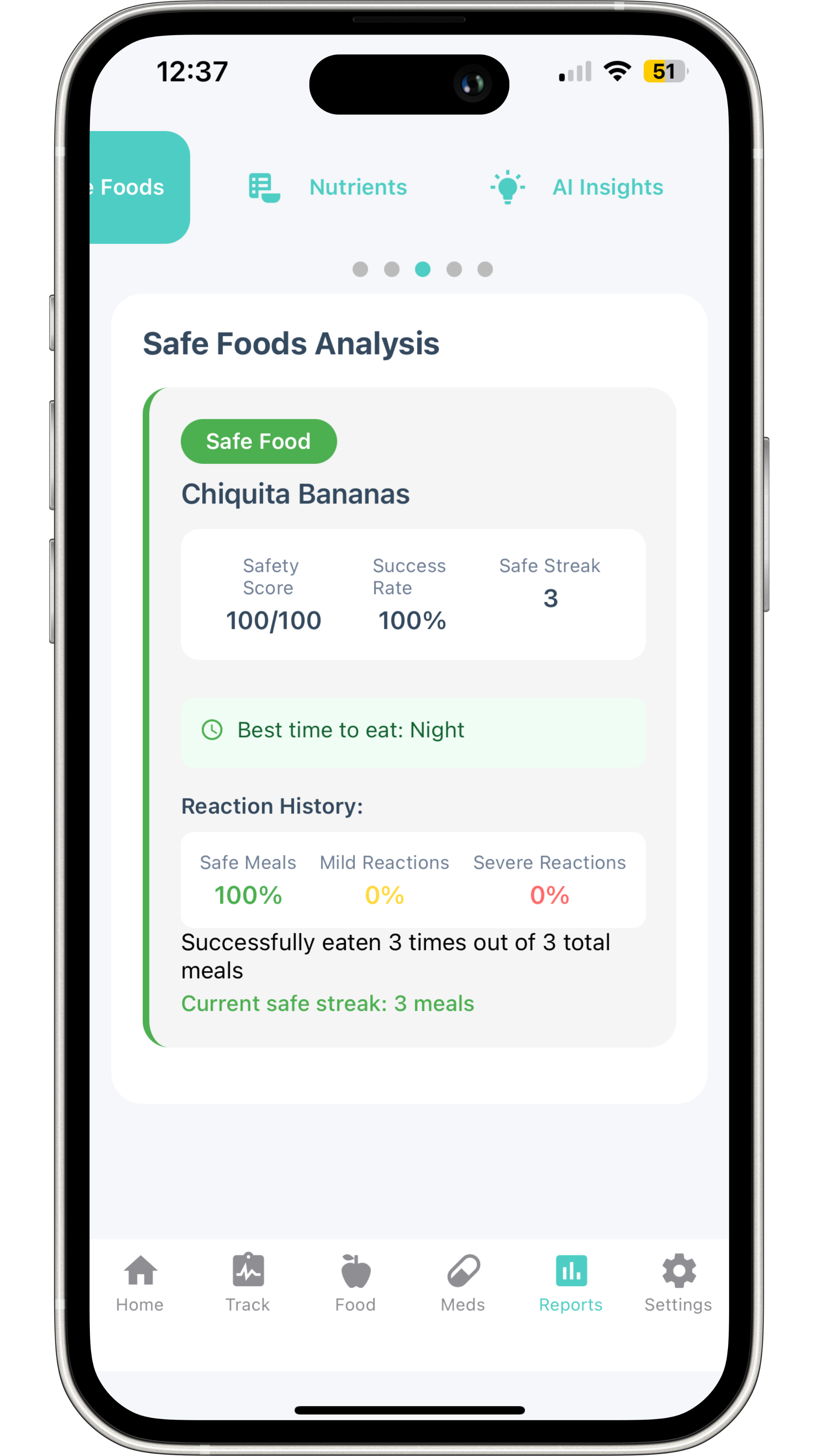 FlareCare safe foods analysis showing Chiquita Bananas as a safe meal with a 100% success rate and no adverse reactions