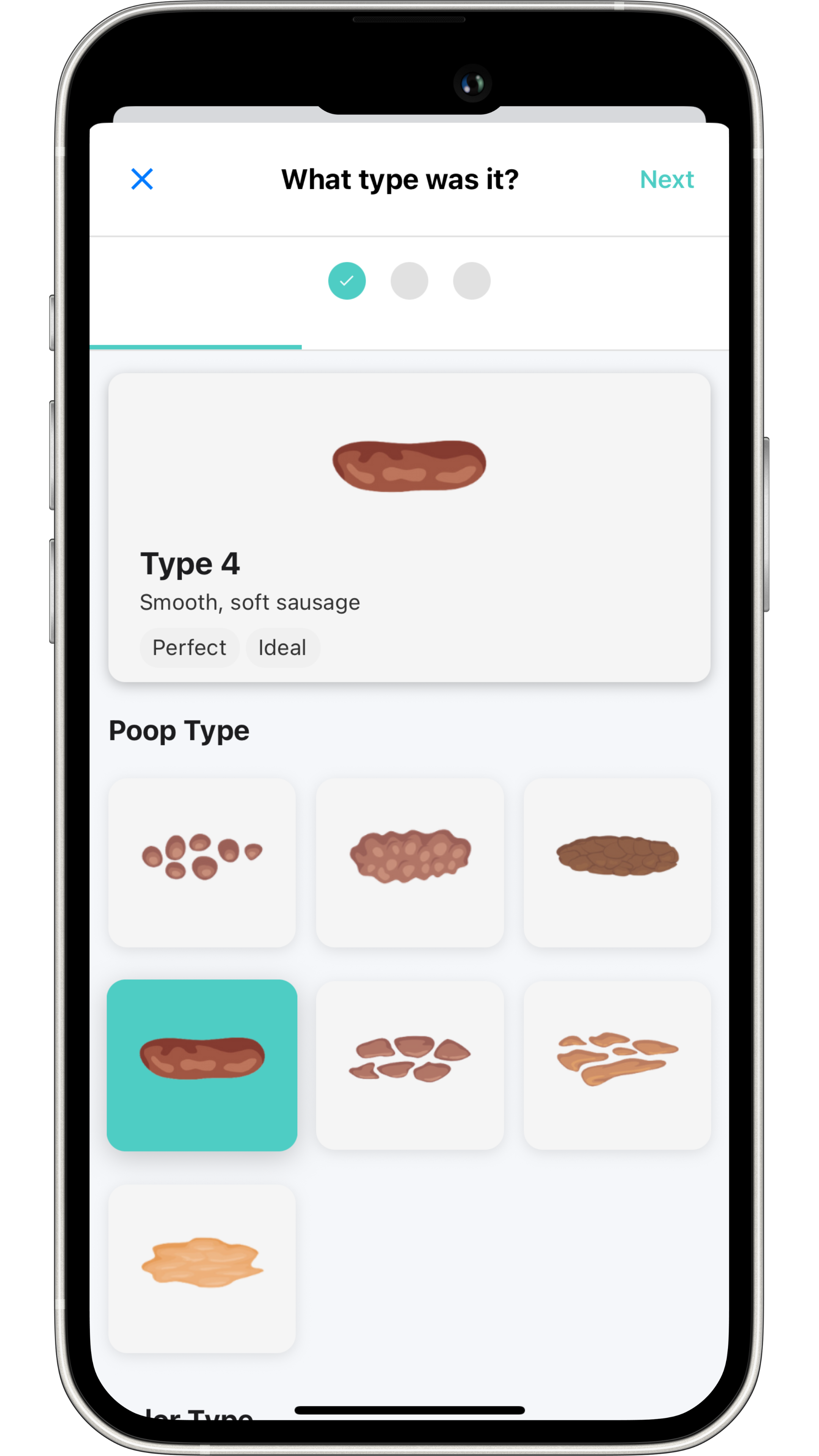 Bristol Stool Scale selection screen in FlareCare app showing seven stool types for accurate poop consistency tracking