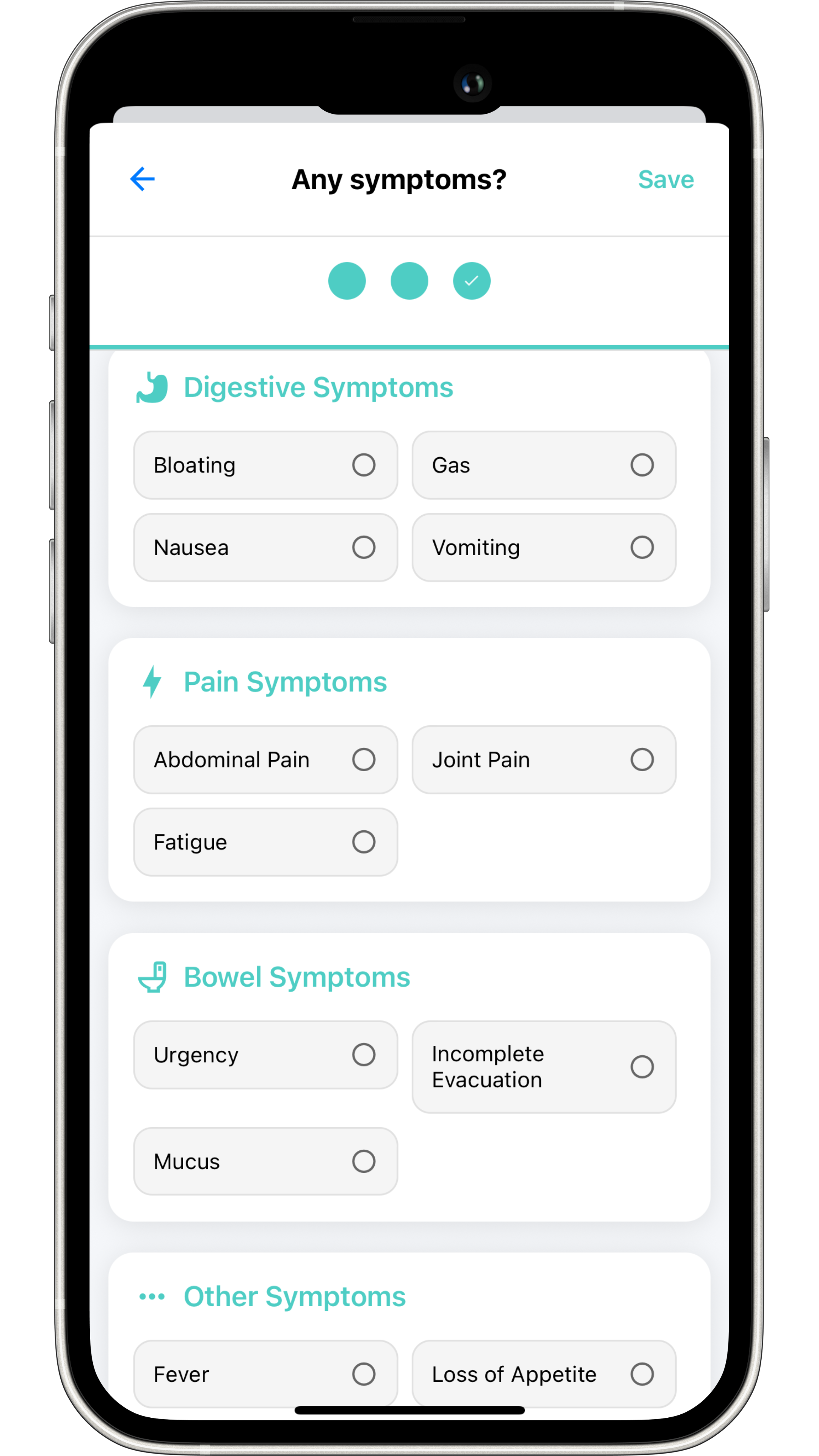 FlareCare gut health symptoms tracking screen showing bloating, gas, and digestive symptom logging options
